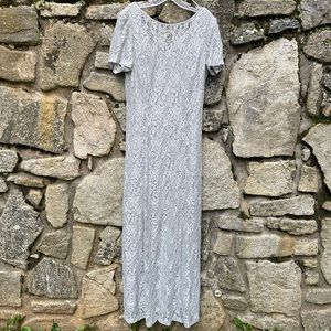 ALEX Evenings Silver Lace Floor Length Formal Dress